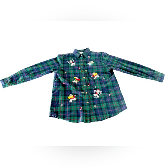 Vintage 90s Christmas Winter Plaid Button Down Snowman - Picture 2 of 5